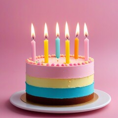 Birthday cake with birthday candles on a pink background