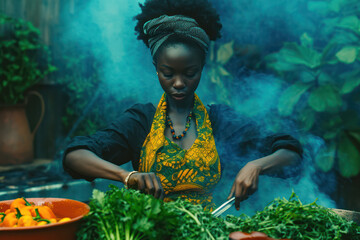 Fresh and Healthy: Young Woman Cooks a Vegetarian Salad in Her Organic Kitchen