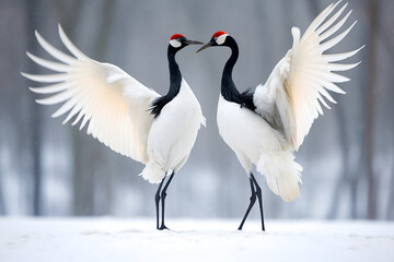 Obraz premium Two Japanese Cranes (Grus japonensis) mating in the snow