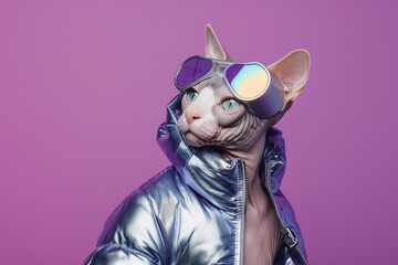 Sphynx Cat in Futuristic Shades and Silver Jacket, Modern Pet Fashion