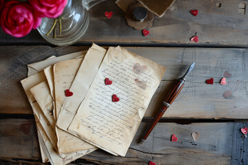 papier à lettre de type parchemin avec stylo à plume sur table en bois, petit cœur rouge posés sur la table - obrazy, fototapety, plakaty