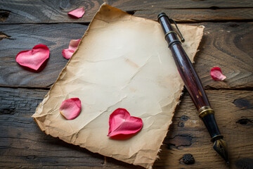 papier à lettre de type parchemin avec stylo à plume sur table en bois, petit cœur rouge posés sur la table
