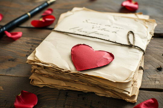 papier &agrave; lettre de type parchemin avec stylo &agrave; plume sur table en bois, petit c&oelig;ur rouge pos&eacute;s sur la table