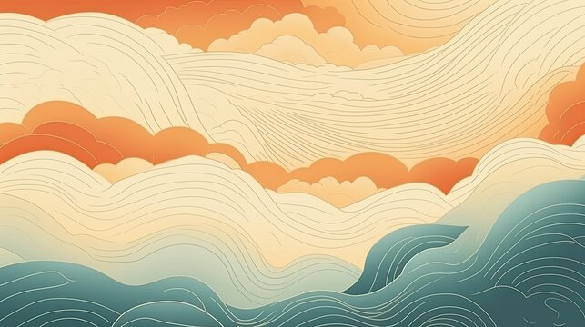 The background illustration of curved lines is represented by images of water stream, clouds, and wind. Japanese style painting.