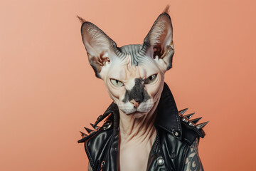Intense Sphynx Cat with Piercing Gaze, Punk Rock Leather Jacket