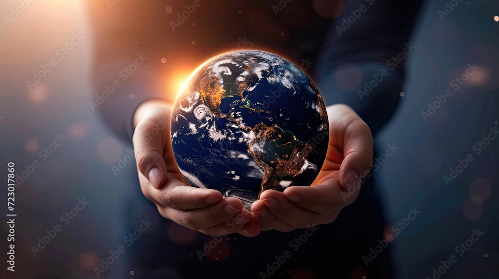 Poster hands holding globe. technology protect earth, cloud network. abstract technology science background