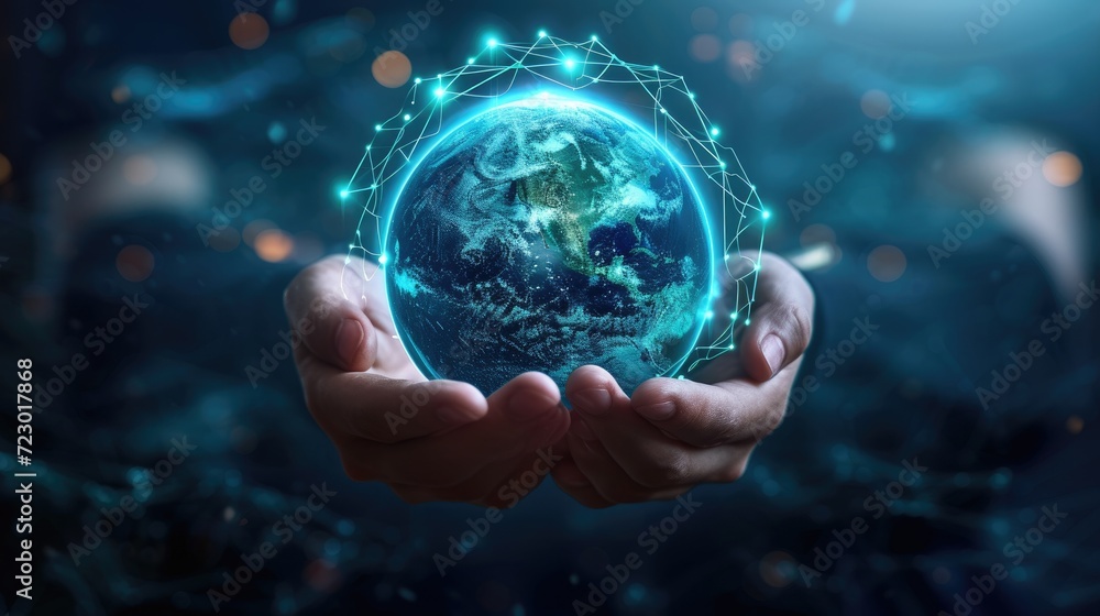 Poster hands holding globe. technology protect earth, cloud network. abstract technology science background
