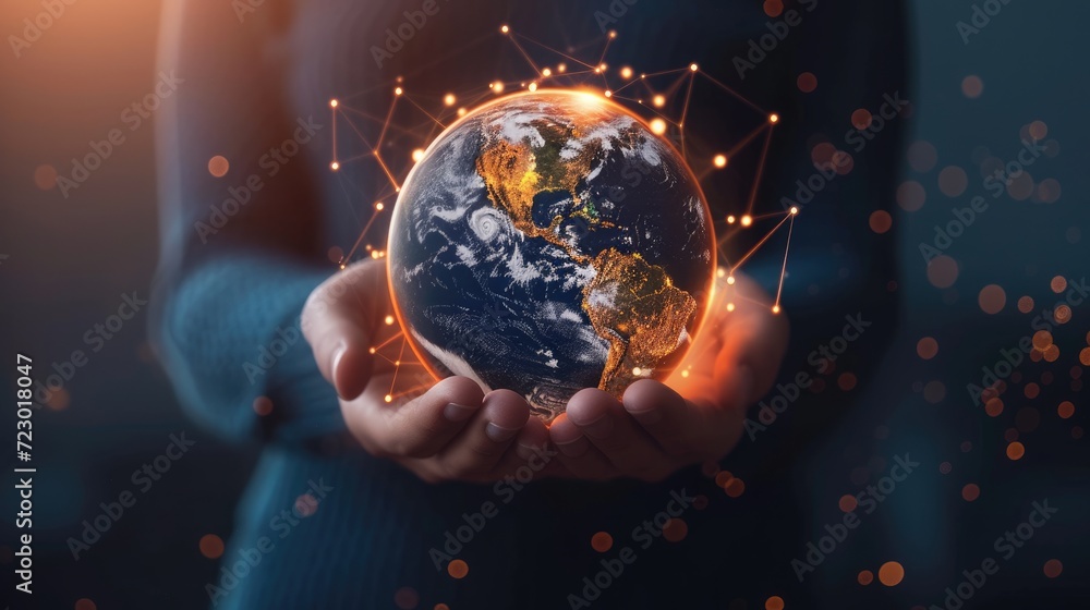 Poster hands holding globe. technology protect earth, cloud network. abstract technology science background