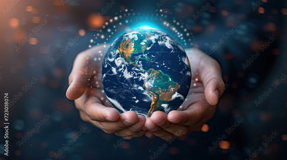 Poster hands holding globe. technology protect earth, cloud network. abstract technology science background
