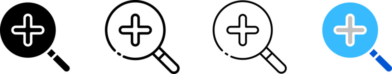 Plus icon set. Magnifying glass. Silhouette, linear, and flat style. Vector icons.