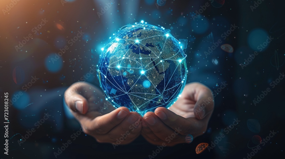 Poster hands holding globe. technology protect earth, cloud network. abstract technology science background