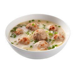 Clear broth with bacon dumplings in soup bowl on png background.