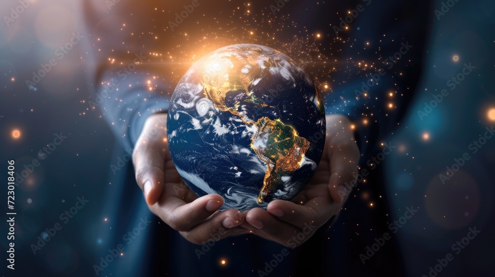 Poster hands holding globe. technology protect earth, cloud network. abstract technology science background