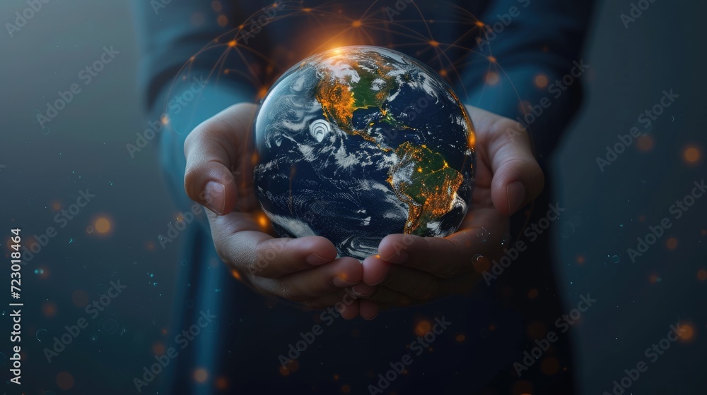 Poster Hands holding globe. Technology protect earth, cloud network. Abstract technology science background. Sphere shields protect. Global network and technology. 