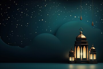 Obraz premium Islamic and Arabic lanterns with burning candles glowing in the dark. Festive greeting card, invitation for Muslim holy month Ramadan Kareem