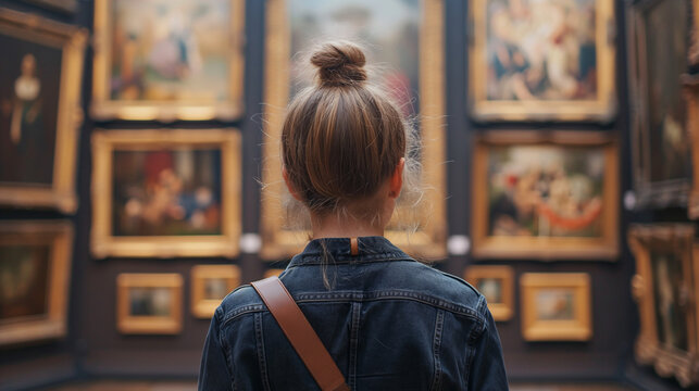 Woman Standing in Front of a Collection of Paintings at an Art Gallery