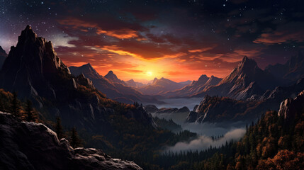 Landscape of mountain and river on night sky abstract background. Generative ai..
