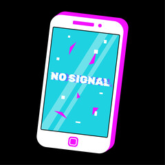No signal. Smartphone with text on screen. Glitch style phone vector illustration. Lack Of Communication. Smartphone with no signal screen. Communication, cellular problem.