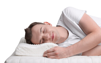 Man sleeping on orthopedic pillow against white background