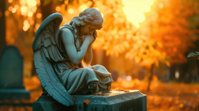 Angel statue grieving and praying on graveyard at golden hour in autumn cemetery with fallen orange leaves and foliage for burial funeral services background with copyspace