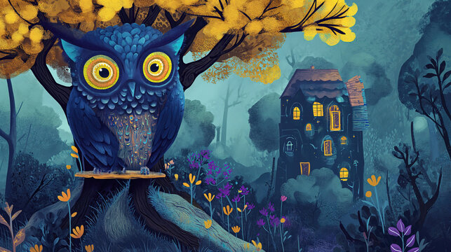 grungy noise texture art, giant owl on tree at spring garden at night time, whimsical fantasy fairytale contemporary creative illustration, Generative Ai