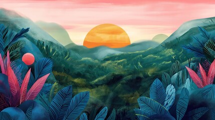 grungy noise texture art, sunset at mountain ridge horizon, whimsical fantasy fairytale contemporary creative illustration, Generative Ai