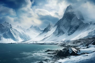 Poster Im Rahmen The harsh northern beauty of high snow-covered mountains by the nothern sea © Inna