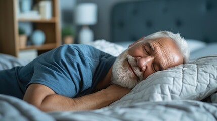 Happy senior man sleeps in a bed at home. sleep rest relax comfort. Mattress and bedding business banner - obrazy, fototapety, plakaty