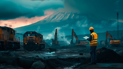 Industrial Horizon Supervisor in Africa. Engineer inspecting railway site at dusk with mountain backdrop.