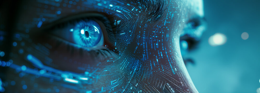 Cybernetic Eye with Advanced Digital Interface. Extreme close-up of a human eye merged with a digital interface, representing biometric technology and cybernetic enhancements.