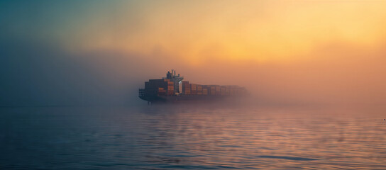 Mystic Voyage: The Silhouette of Sea Commerce at Dawn. Container ship in a misty sunrise at sea.