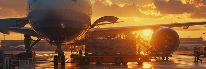 Dawn Preparations: Cargo Plane Loading in Mist. Ground crew loading cargo plane on misty runway at dawn. - obrazy, fototapety, plakaty