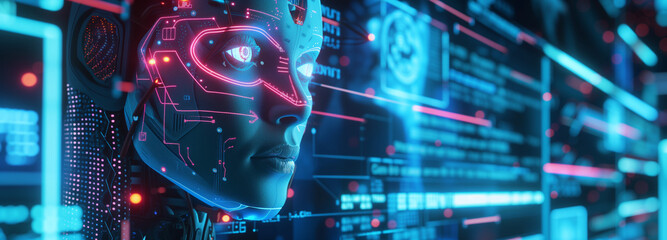 Futuristic AI Interface Visualization. A digital human-like AI interface with glowing elements.