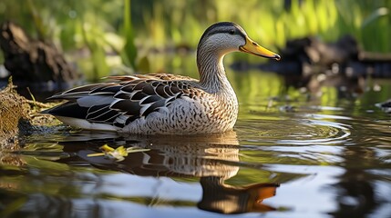 A female Mallard rests on the shore of a Mere. Her delicate cryptic plumage will come into effect when she starts to nest.