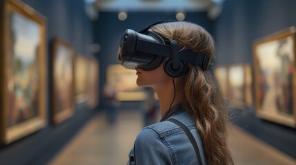 Woman With Headphones Examining Paintings in Art Gallery