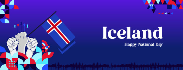 Iceland National Day banner in colorful modern geometric style. Happy independence and national day greeting card cover with typography. Vector illustration for national holiday celebration party