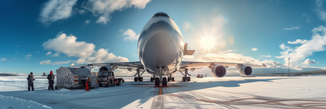 Dawn Preparations: Cargo Plane Loading in Mist. Ground crew loading cargo plane on misty runway at dawn.