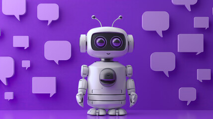 Friendly Chatbot with Speech Bubbles. Cheerful robot with speech bubbles on a purple backdrop.