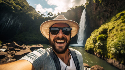 Happy man taking selfie with a waterfall in the background on a sunny day