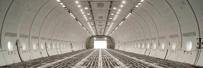 Empty Cargo Plane Interior. Inside view of an empty cargo airplane, white and spacious.