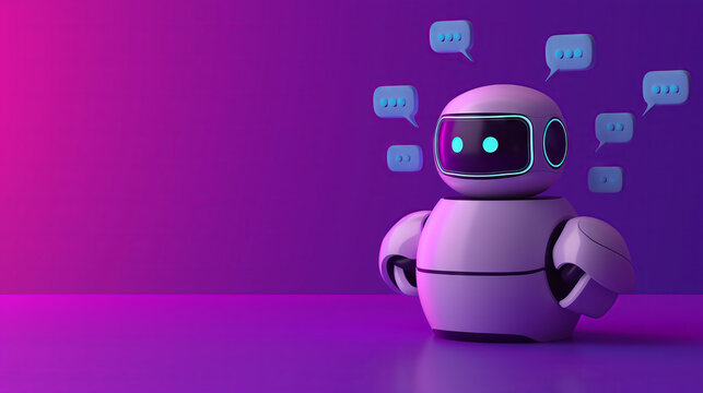 Friendly Chatbot Ready for Conversation. A cheerful purple chatbot with glowing eyes and speech bubbles ready to engage in a friendly conversation on a vibrant purple background.