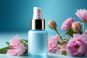 Fototapeta na wymiar Cosmetic Serum Face Care on Blue Background with Flowers - Woman's Day Close-Up