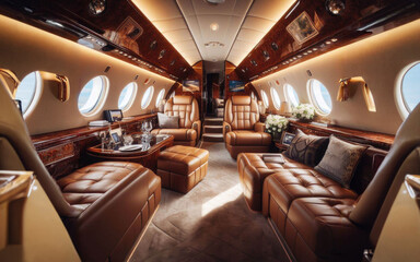 Luxury interior in bright colors of genuine leather in the business jet