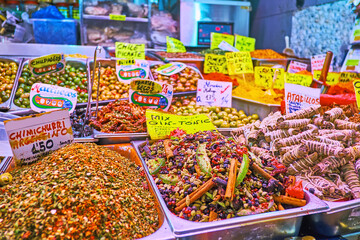 The spices and pickles in Atarazanas central market, Malaga, Spain