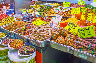 The spices and olives in Atarazanas central market, Malaga, Spain