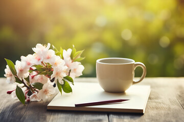 Coffee cup and spring blossom sakura on wooden table - obrazy, fototapety, plakaty