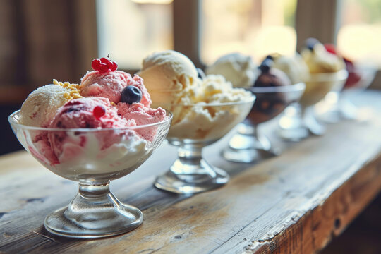 Glass bowls with various ice cream scoops on the wooden table