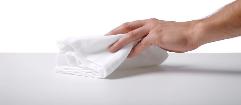 Man with disposable cloth for cleaning by wiping surface concept.
