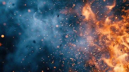 A blue abstract background featuring soaring fire particles. - obrazy, fototapety, plakaty