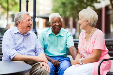 Generative AI image of diverse seniors enjoying a conversation